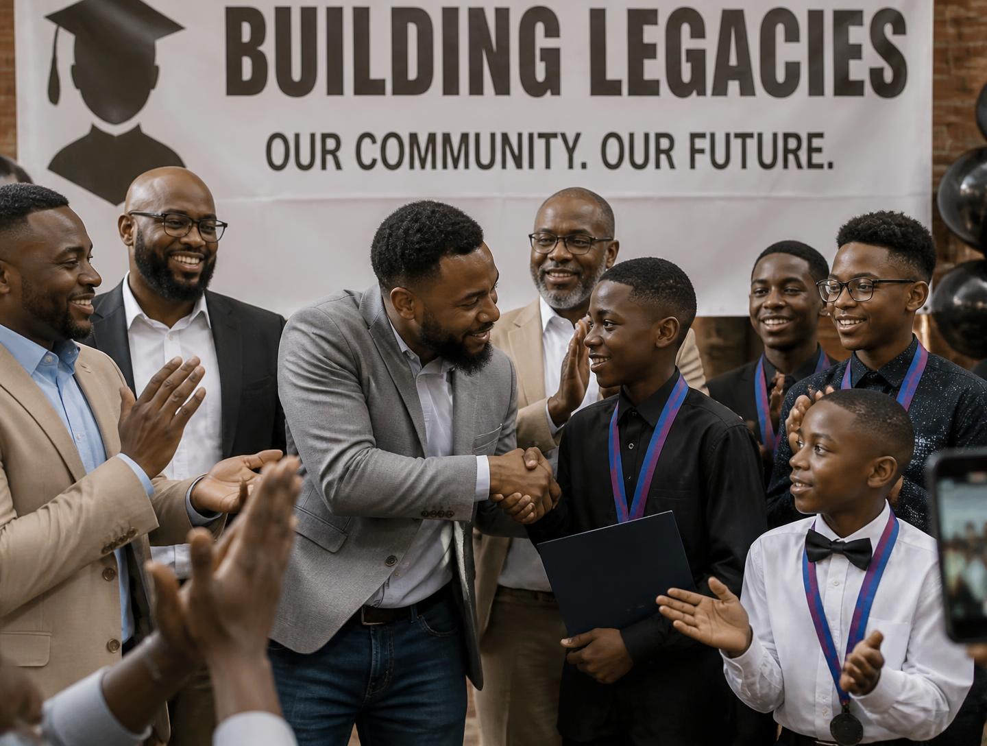 Parents, mentors and boys celebrating at a community graduation event